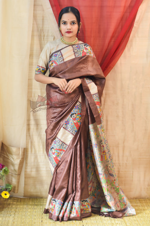 Mithila Kohbar Hand Painted Tussar Silk Madhubani Paints Saree Online