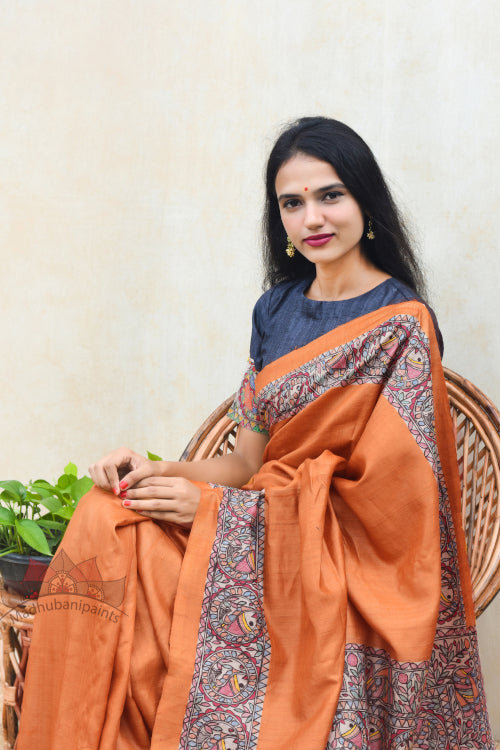Madhubani Paints Handpainted Madhubani 'Doli ka Haar' Tussar Silk Saree