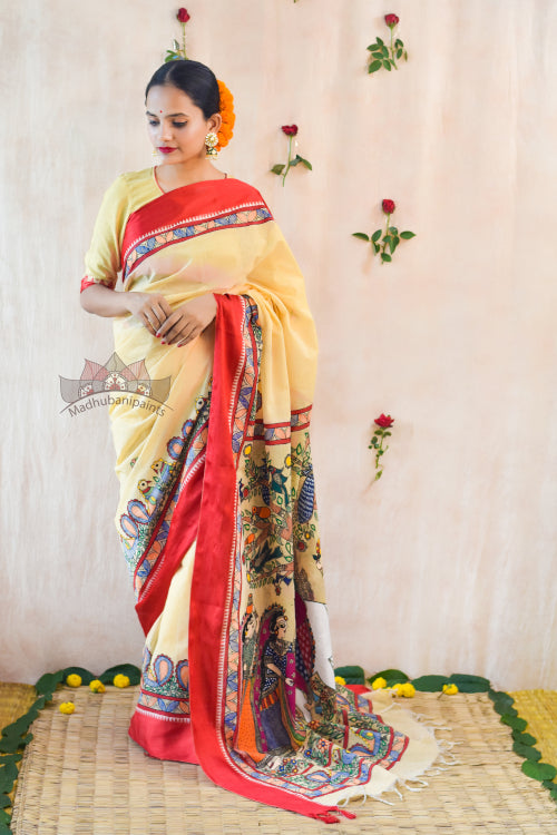 Madhubani Paints Handpainted Madhubani 'Radha Krishna Leela' Cotton Saree