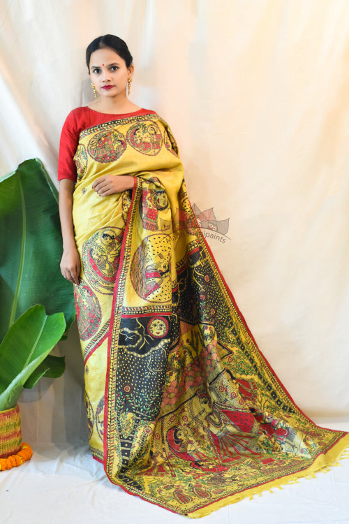 Madhubani Paints Handpainted Madhubani 'Krishna Jeevan Katha' Tussar Silk Saree