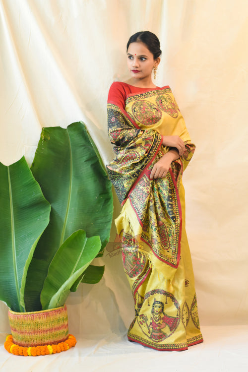 Madhubani Paints Handpainted Madhubani 'Krishna Jeevan Katha' Tussar Silk Saree