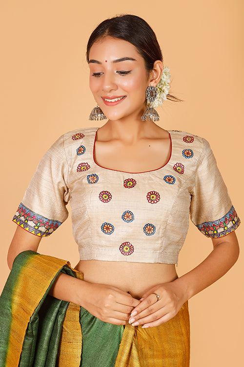Orange raw silk sweetheart neck blouse with hand painted and embroider