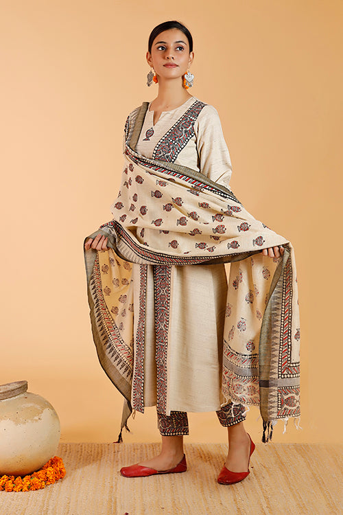 Gubbaro Handpainted Madhubani 'Laal Surmai' Cotton Dupatta