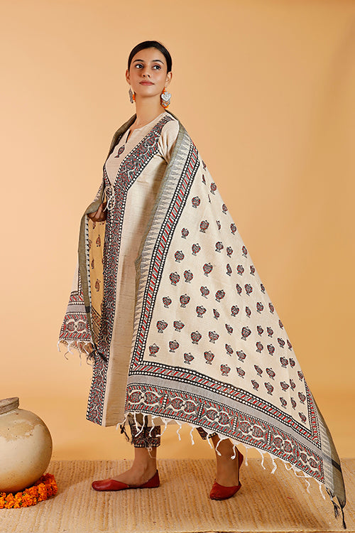 Gubbaro Handpainted Madhubani 'Laal Surmai' Cotton Dupatta