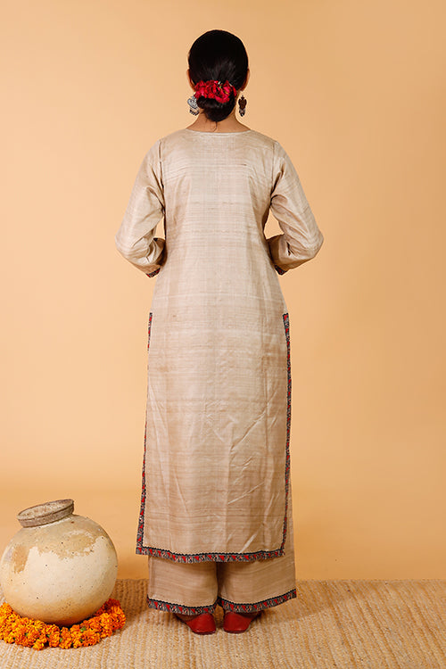 Gubbaro Handpainted Madhubani 'Surmai & The Lotus' Tussar Silk Kurta