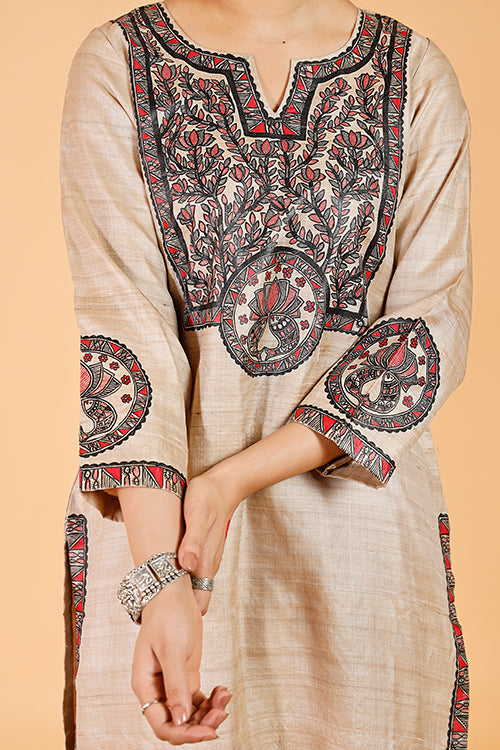 Gubbaro Handpainted Madhubani 'Surmai & The Lotus' Tussar Silk Kurta