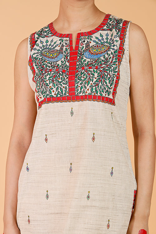 Gubbaro Handpainted Madhubani 'Mithila Mayur' Cotton Kurta