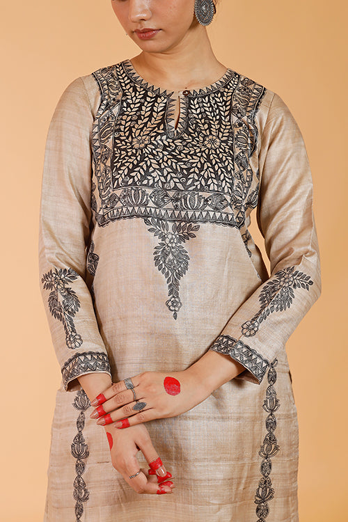 Gubbaro Handpainted Madhubani 'Pride of Mithila' Tussar Silk Kurta