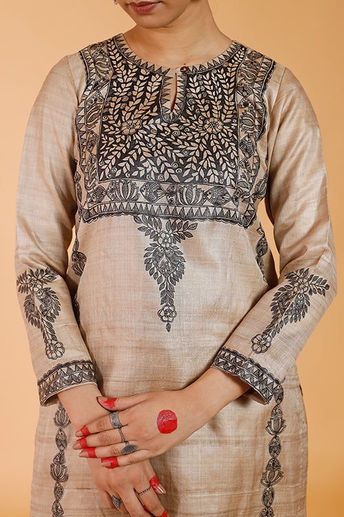 Gubbaro Handpainted Madhubani 'Pride of Mithila' Tussar Silk Kurta