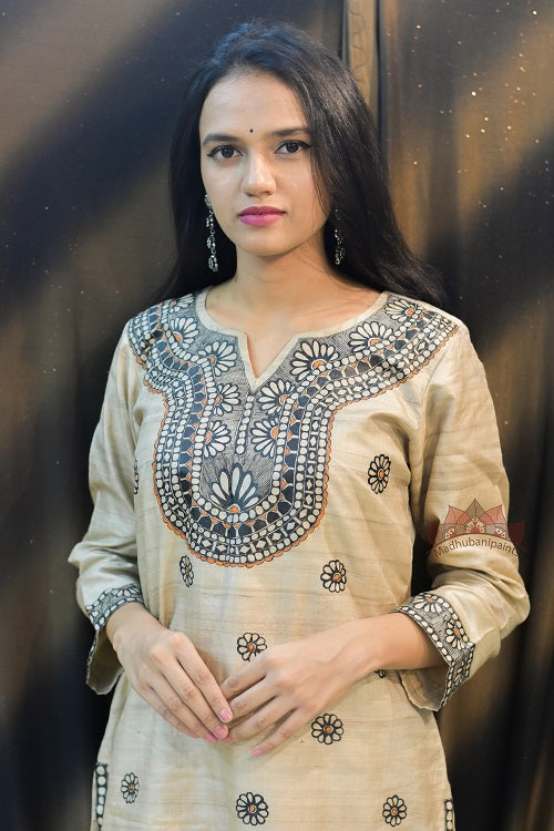 Gubbaro Handpainted Madhubani 'Flowers of Mithila' Tussar Silk Kurta