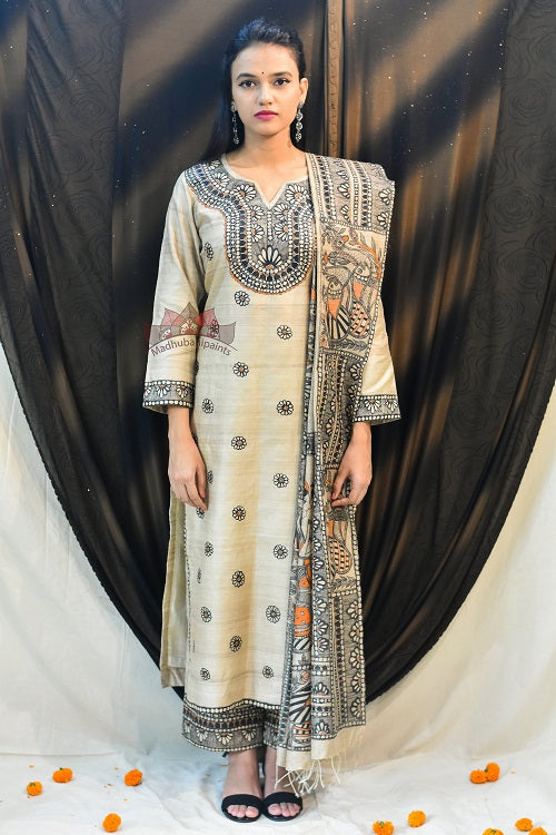 Gubbaro Handpainted Madhubani 'Flowers of Mithila' Tussar Silk Kurta