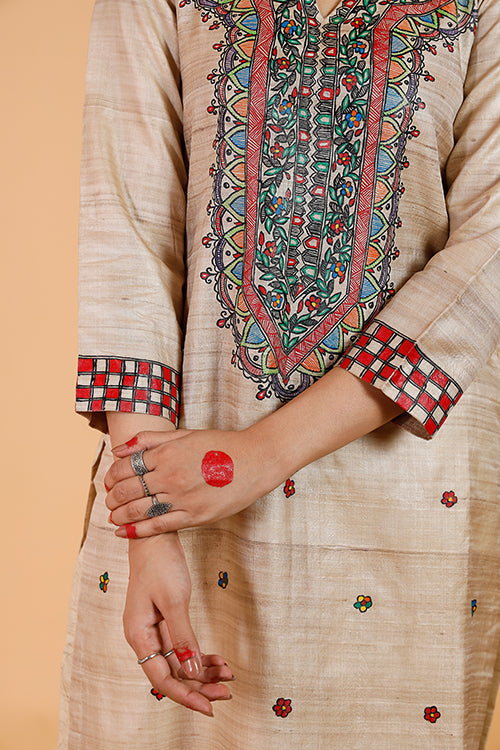 Gubbaro Handpainted Madhubani 'Bagmati' Tussar SIlk Kurta