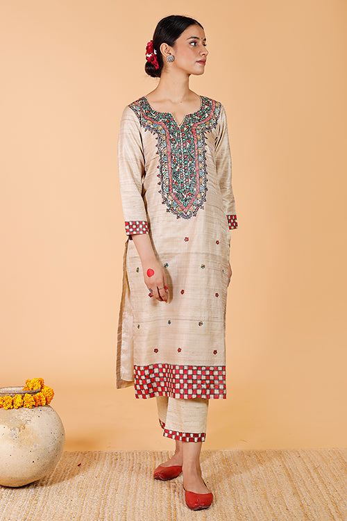 Gubbaro Handpainted Madhubani 'Bagmati' Tussar SIlk Kurta