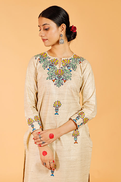 Gubbaro Handpainted Madhubani 'Surmai Kamal' Cotton Kurta