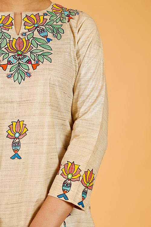 Gubbaro Handpainted Madhubani 'Surmai Kamal' Cotton Kurta