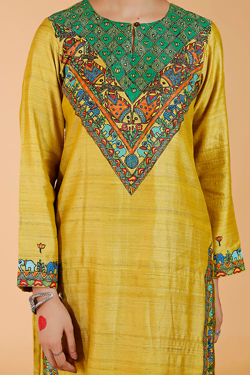 Gubbaro Handpainted Madhubani 'Gajanand Mayur' Tussar Silk Kurta