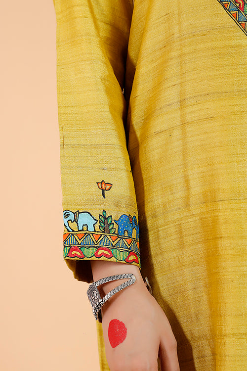 Gubbaro Handpainted Madhubani 'Gajanand Mayur' Tussar Silk Kurta