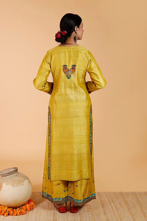 Gubbaro Handpainted Madhubani 'Gajanand Mayur' Tussar Silk Kurta