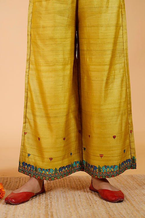 Gubbaro Handpainted Madhubani 'Gajanand Mayur' Tussar Silk Pant