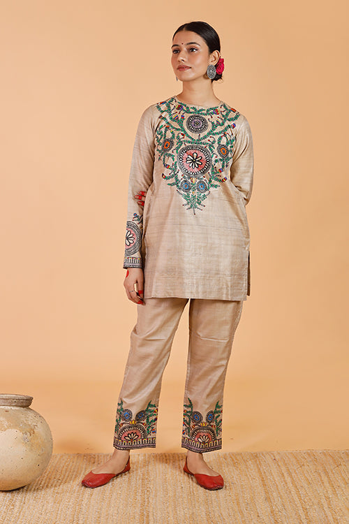 Gubbaro Madhubani Mithila Flowers Tussar Silk Kurta For Women Online