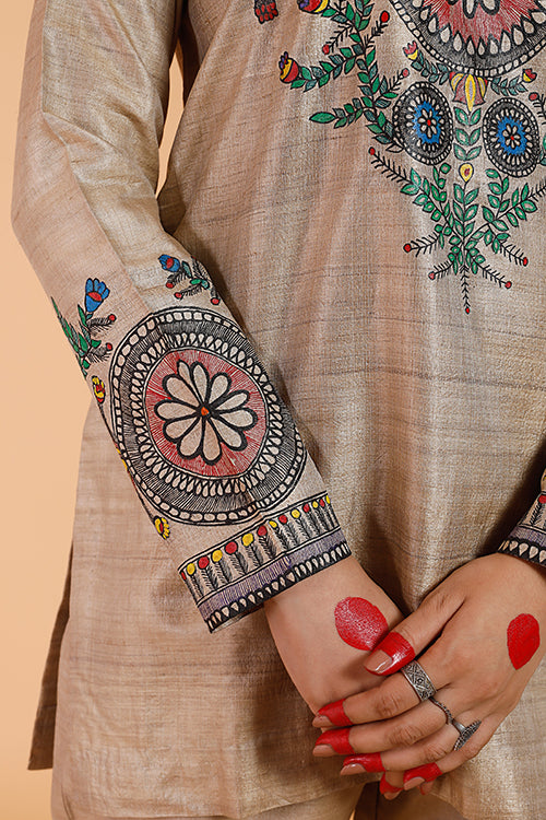 Gubbaro Handpainted Madhubani 'Mithila Flowers' Tussar Silk Kurta