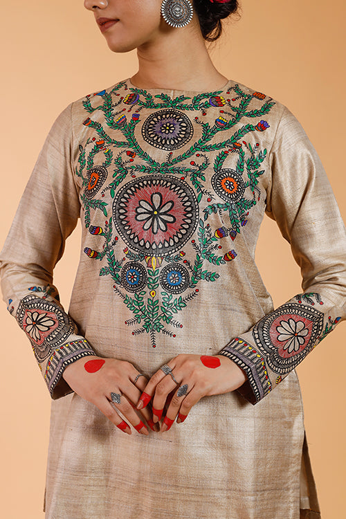 Gubbaro Handpainted Madhubani 'Mithila Flowers' Tussar Silk Kurta