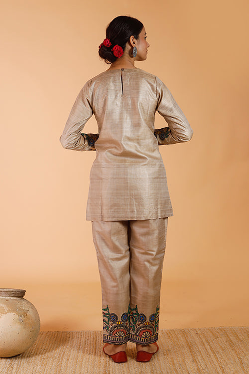 Gubbaro Handpainted Madhubani 'Mithila Flowers' Tussar Silk Kurta