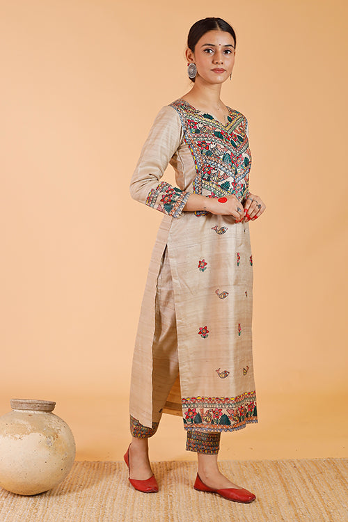 Gubbaro Painted Madhubani Anuragini Tussar Silk Kurta For Women Online