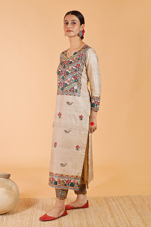 Gubbaro Handpainted Madhubani 'Anuragini' Tussar SIlk Kurta