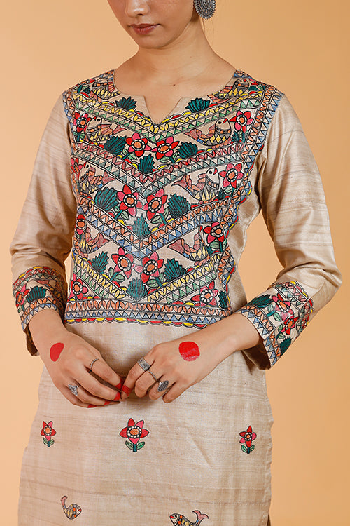 Gubbaro Handpainted Madhubani 'Anuragini' Tussar SIlk Kurta