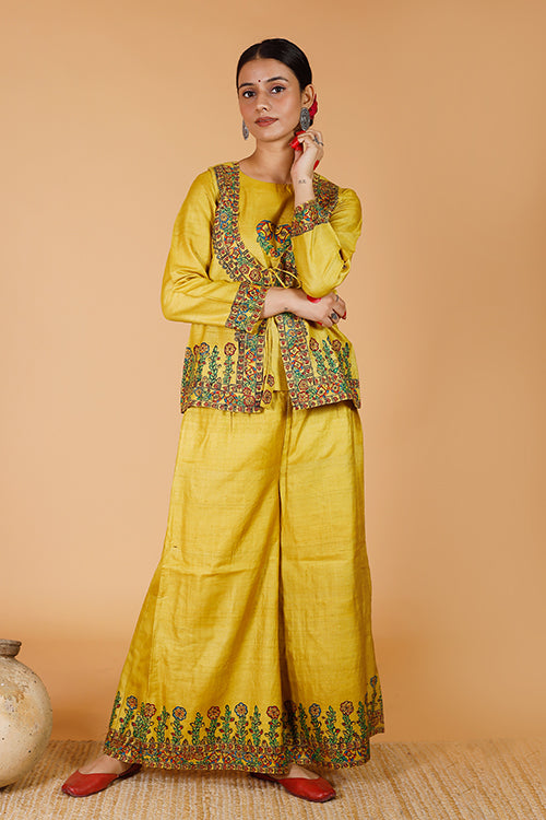 Gubbaro Handpainted Madhubani 'Sunehri Phoolwari' Tussar Silk Kurta & Bandi Set