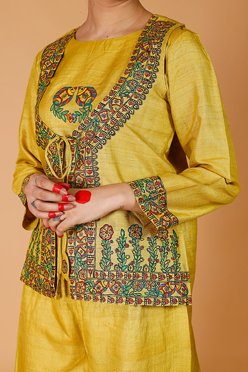 Gubbaro Handpainted Madhubani 'Sunehri Phoolwari' Tussar Silk Kurta & Bandi Set