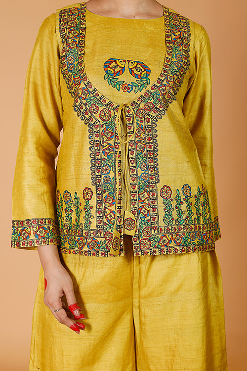 Gubbaro Handpainted Madhubani 'Sunehri Phoolwari' Tussar Silk Kurta & Bandi Set