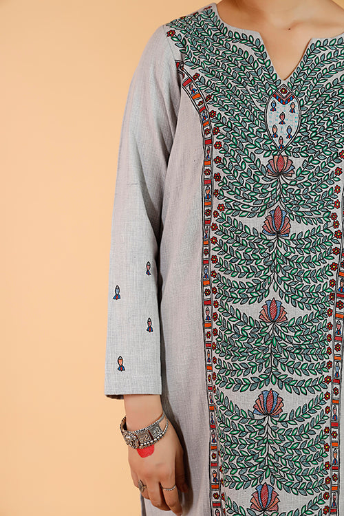 Gubbaro Handpainted Madhubani 'Manmohana Surmai Leela' Cotton Kurta