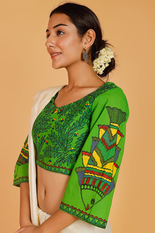Gubbaro Handpainted Madhubani 'Surmai Sakhya' Cotton Blouse