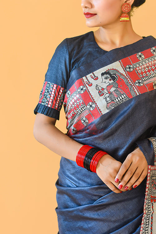 NARAYANI  Handpainted Madhubani Tussar Silk Saree Madhubani Paints