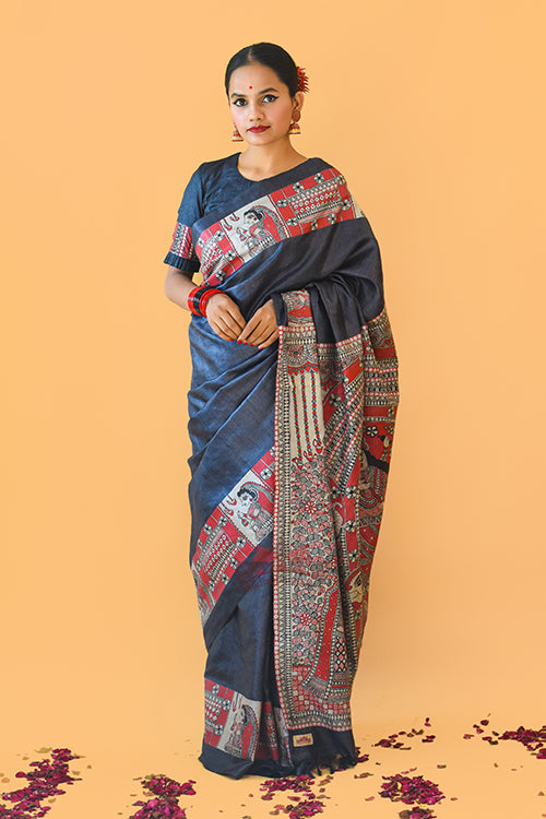 NARAYANI  Handpainted Madhubani Tussar Silk Saree Madhubani Paints