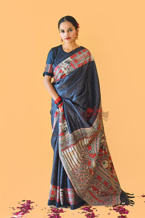 NARAYANI  Handpainted Madhubani Tussar Silk Saree Madhubani Paints