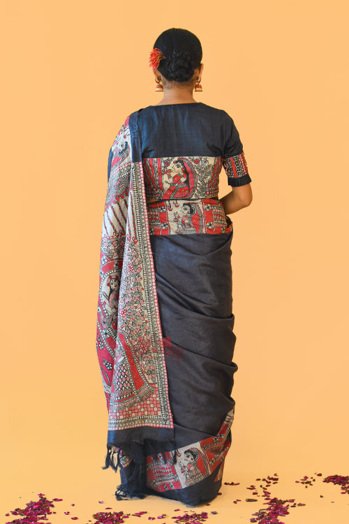 NARAYANI  Handpainted Madhubani Tussar Silk Saree Madhubani Paints