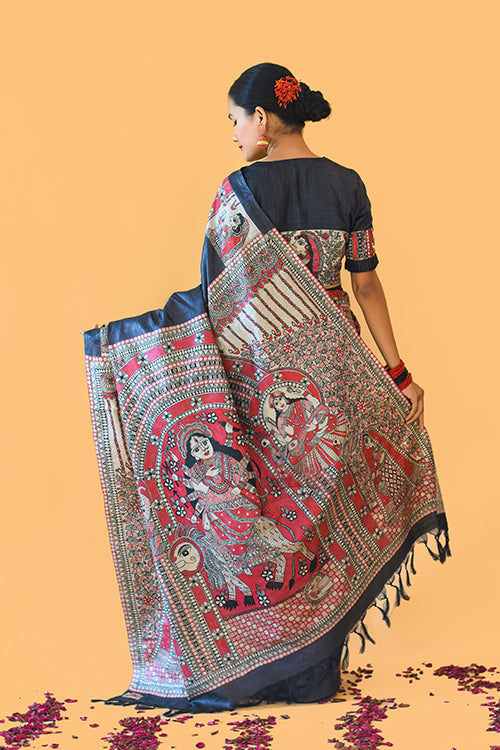 NARAYANI  Handpainted Madhubani Tussar Silk Saree Madhubani Paints