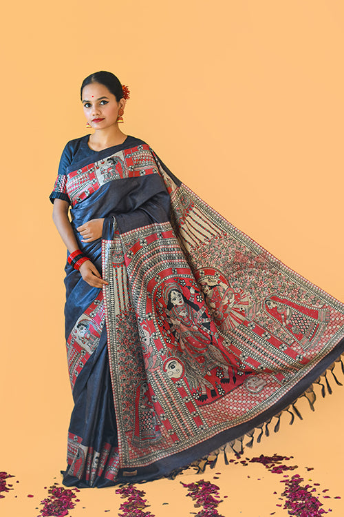 NARAYANI  Handpainted Madhubani Tussar Silk Saree Madhubani Paints