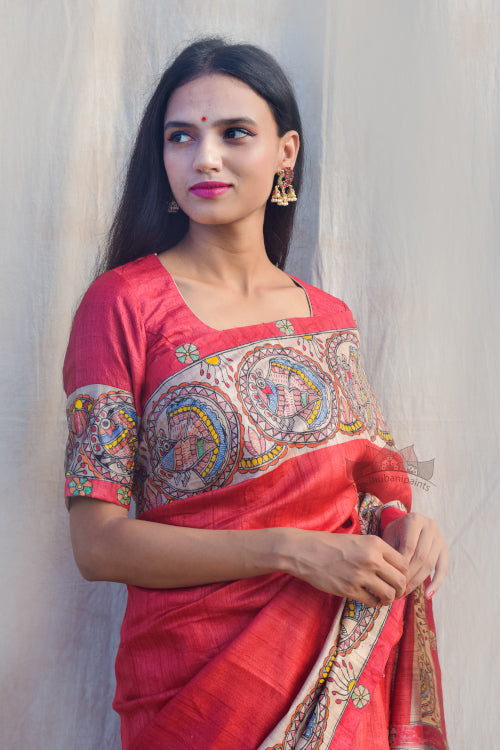 Mithila Mayuri Handpainted Madhubani Saree Online