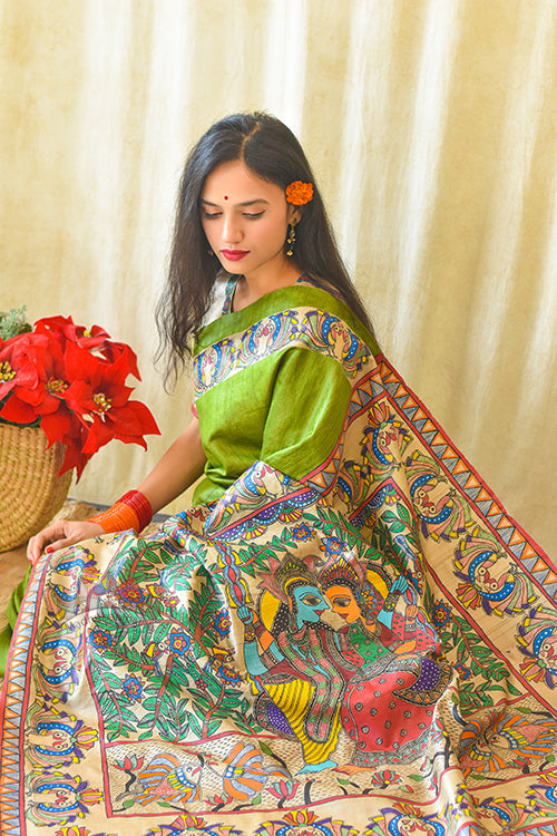 Radha Sang Hand Painted Madhubani Paints Tussar Silk Saree Online