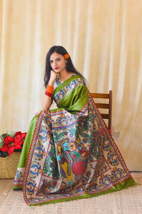 Madhubani Paints Handpainted Madhubani RADHA SANG KRISHNA Tussar Silk Saree
