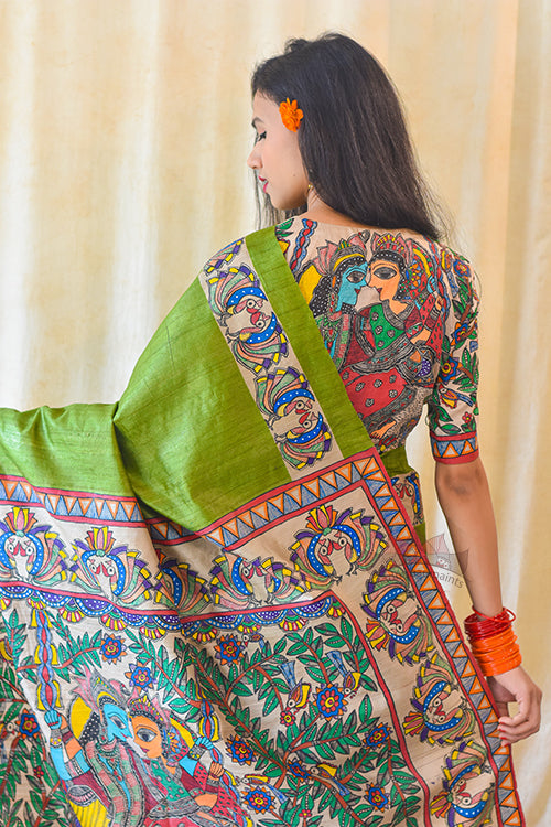 Madhubani Paints Handpainted Madhubani RADHA SANG KRISHNA Tussar Silk Saree