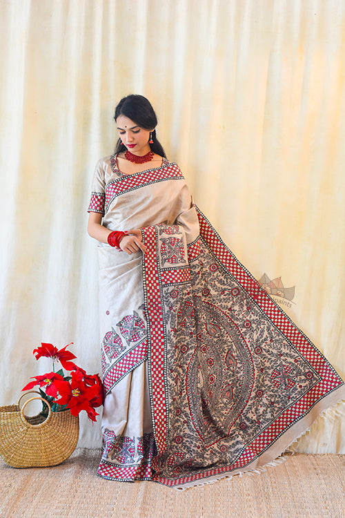 Matsya Utsav Hand Painted Madhubani Paints Tussar Silk Saree Online