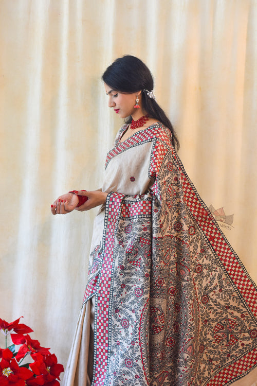 Madhubani Paints Handpainted Madhubani MATSYA UTSAV Tussar Silk Saree