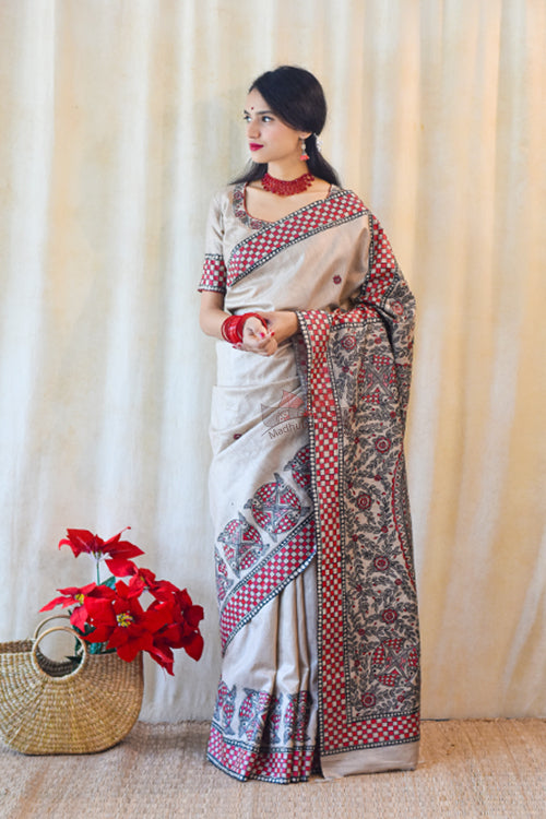 Madhubani Paints Handpainted Madhubani MATSYA UTSAV Tussar Silk Saree