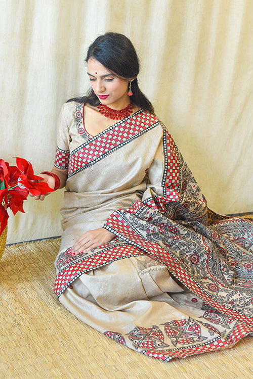 Madhubani Paints Handpainted Madhubani MATSYA UTSAV Tussar Silk Saree