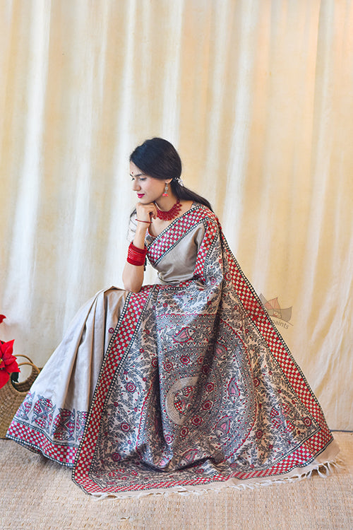 Matsya Utsav Hand Painted Madhubani Paints Tussar Silk Saree Online